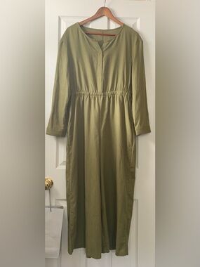 Unbranded 100% Linen Olive Green Long Sleeve Jumpsuit Size Large